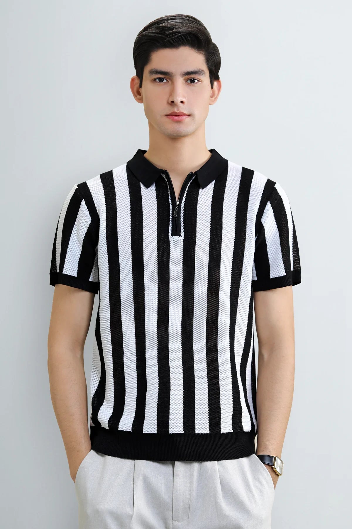 Men's Black Striped Flat Knit Polo
