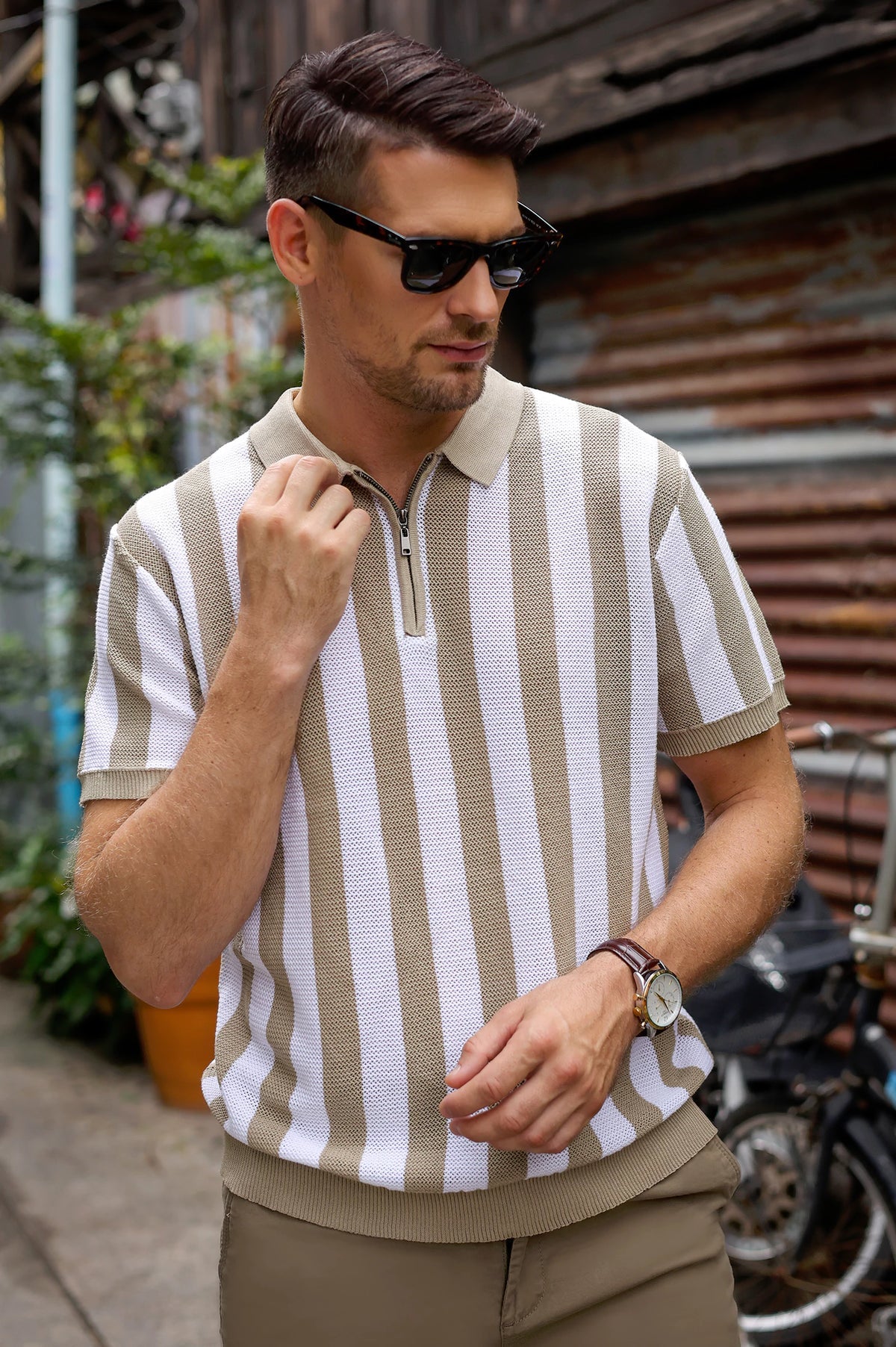 Men's Fawn Striped Flat Knit Polo